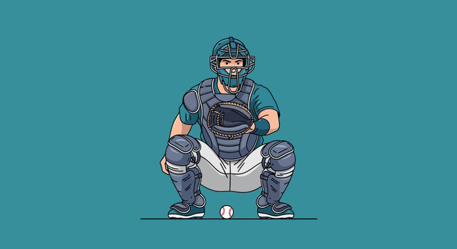 Baseball Catcher In Protective Gear Ready To Catch Ball