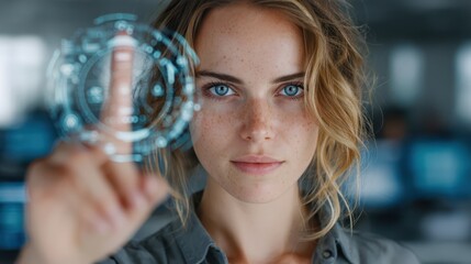 Naklejka premium A focused young woman interacts with a transparent digital interface, highlighting futuristic technology and innovation.
