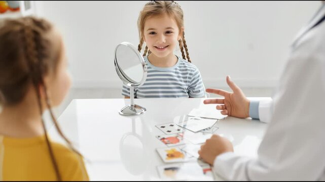 speech therapy session with flashcards and mirror setup therapist guiding child minimal clinic environment clean composition
