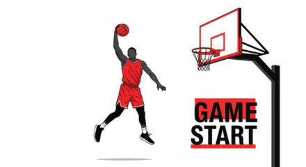 Obraz premium Basketball Player Dunking Over Game Start Text And Hoop
