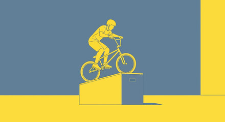 Fototapeta premium Bold Yellow Bicycle Rider Performs Stunt On Blue Background