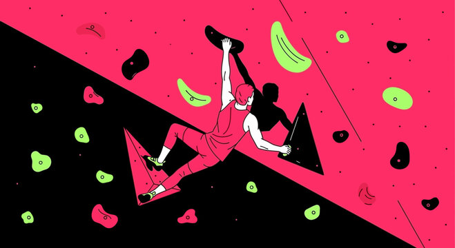 Bold Bouldering Athlete Ascends Vibrant Climbing Wall Art