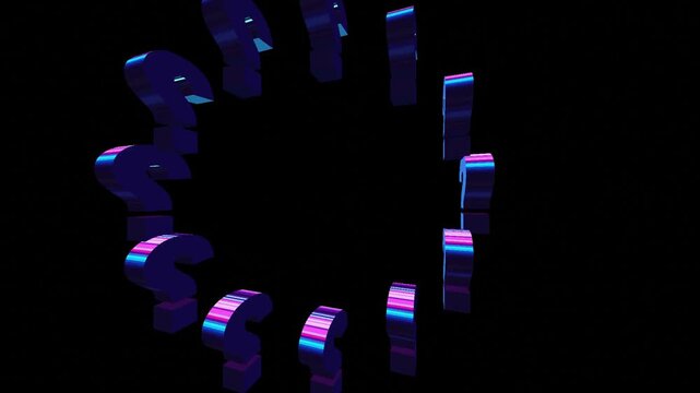 10 seconds of colourful 3d question marks rotating turning in a circle on black background HD video animation screensaver motion graphics ask seek quest education finding 
