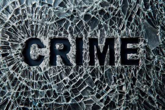 Glass screen full of shattered crazed glass with the word "CRIME" knocked out leaving a negative space