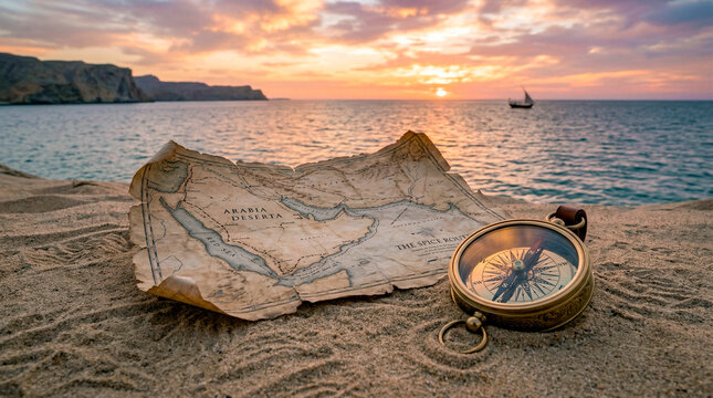 An antique yellowed map and compass lie on the sand by the seashore at sunset. A nostalgic scene evoking memories of adventure, travel, exploration, and the romance of seafaring.