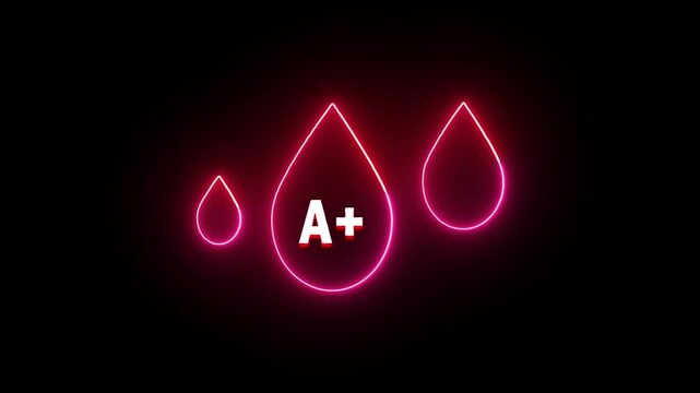 Neon A+ Blood Drop Symbol in Abstract Glowing Neon Light On Black Background.