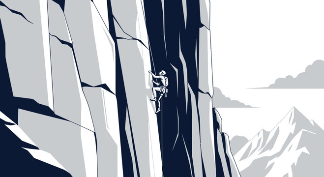 Climber Ascending Steep Rock Face Amidst Majestic Mountain Scenery