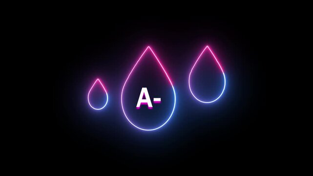 Neon A- Blood Drop Symbol in Abstract Glowing Neon Light On Black Background. Neon negative blood.