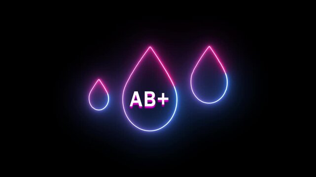 Neon AB+ Blood Drop Symbol in Abstract Glowing Neon Light On Black Background