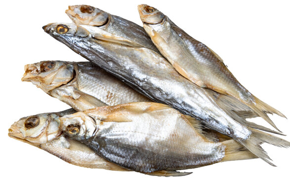 dried vobla fish on a white background.