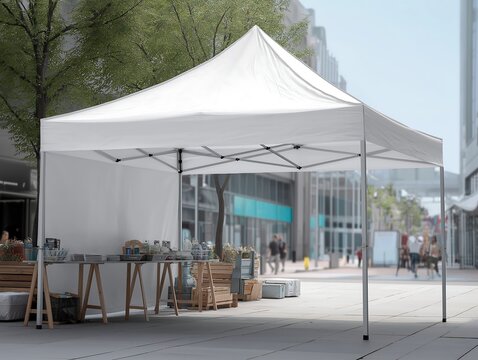 Pop-up tent mockup blank white canopy at an outdoor market or trade show for a brand