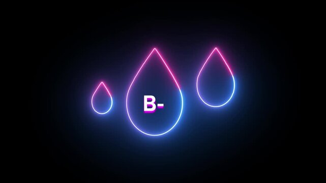 Neon B- Blood Drop Symbol in Abstract Glowing Neon Light On Black Background. B negative blood