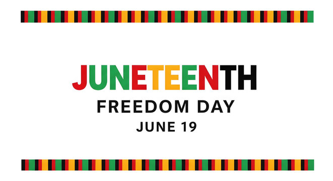 Juneteenth Freedom Day June 19 text with Pan African flag stripes nineteen