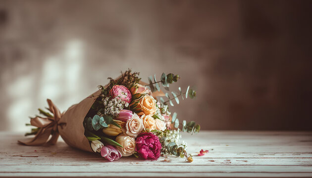 Close-up of a beautifully arranged wedding bouquet featuring purple hydrangeas, white roses, and lisianthus, accented with greenery and pearl decorations, placed on a rustic wooden table.