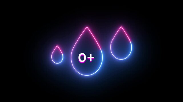 Neon O+ Blood Drop Symbol in Abstract Glowing Neon Light On Black Background