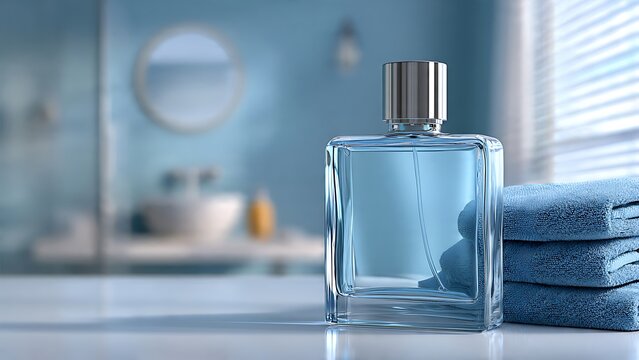 Elegant blue glass perfume bottle and soft, freshly folded towels presented on a modern bathroom vanity, evoking a sense of freshness, luxury, and personal grooming