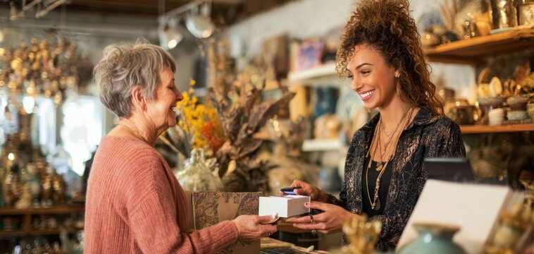 The cashier handing a gift box to a smiling customer in a boutique shop