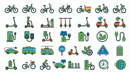 Obraz premium Collection of eco friendly urban transport icons featuring electric bikes, scooters, cars and charging stations, Represents sustainable mobility and provides green energy city concepts