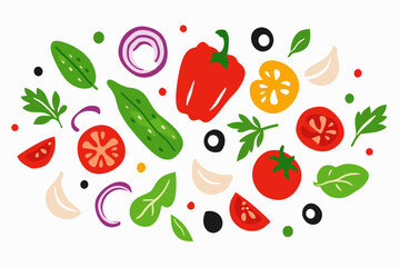Fototapeta premium Fresh vegetable cluster with cucumber, pepper, tomatoes, basil, olives, onion and garlic in a clean flat style. White background artwork for menu design, healthy lifestyle and cooking.