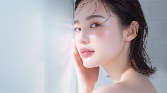 柔らかい自然光とみずみずしい女性の美容ポートレート　バスルームの背景