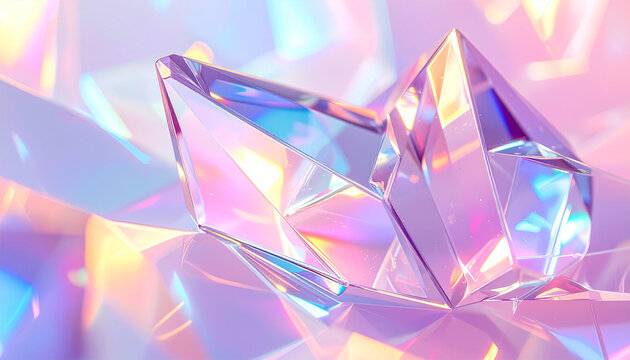 Abstract holographic crystal cluster background with pastel rainbow light refraction