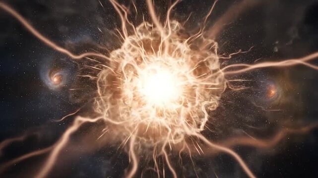 A bright glowing star radiates powerful energy waves across the dark deep space
