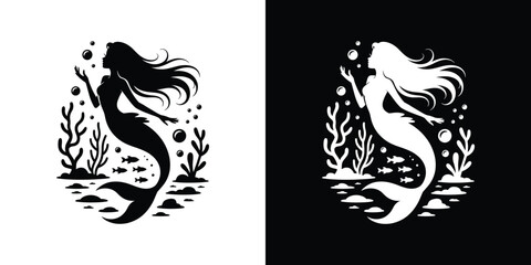 Fototapeta premium Black and white mermaid silhouettes with seaweed and fish 1