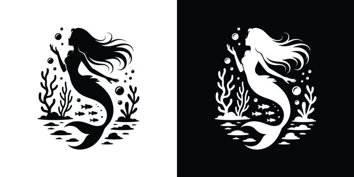 Black and white mermaid silhouettes with seaweed and fish 1