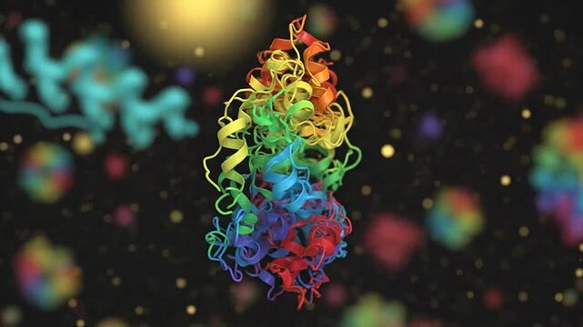A colorful protein structure model floating in a dark microscopic environment