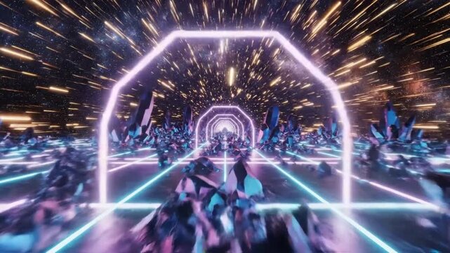 Futuristic tunnel design with neon grids and crystals in a star field, creating a visual vortex