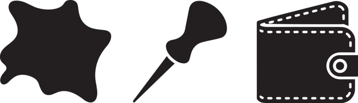 Set of three icons representing leather, awl tool, and wallet in silhouette style in outline style