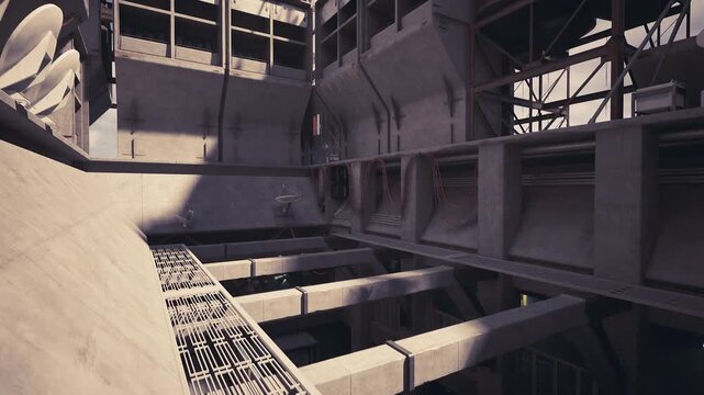 Light streams through the structural framework of a large industrial facility, highlighting concrete surfaces and mechanical components. Shadows create dramatic contrasts throughout the space.