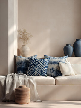 Modern minimalist living room with indigo adire cushions and folded textile throw on neutral sofa