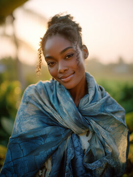Woman wearing indigo and white adire fabric as scarf in sunlit outdoor lifestyle portrait