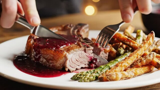 Close-up shot of person cutting into perfectly cooked steak with a vibrant red sauce, served with sweet potato fries and asparagus.