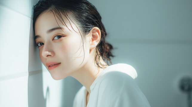 柔らかい自然光とみずみずしい女性の美容ポートレート　バスルームの背景