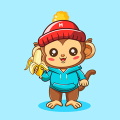 Obraz premium Cute Cartoon Monkey in Hoodie Style Eating a Banana Vector Illustration Kawaii Animal