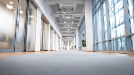 Obraz premium Empty modern corporate building corridor with frosted glass doors and large windows, creating a bright, minimalist interior