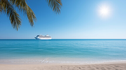 Fototapeta premium Cruise ship sailing on clear turquoise ocean water near a tropical beach with palm leaves and bright sun