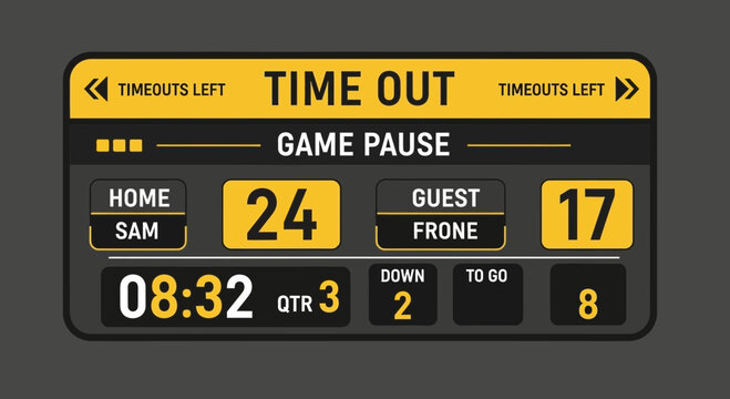 Digital Scoreboard Graphic For Sports Games Featuring Timeouts And Game Status