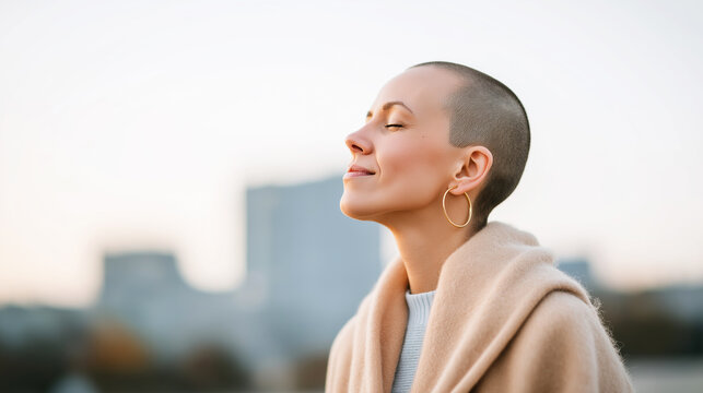 Woman with buzz cut enjoying warm sunlight outdoors, feeling peaceful, relaxed, and mindful in urban setting