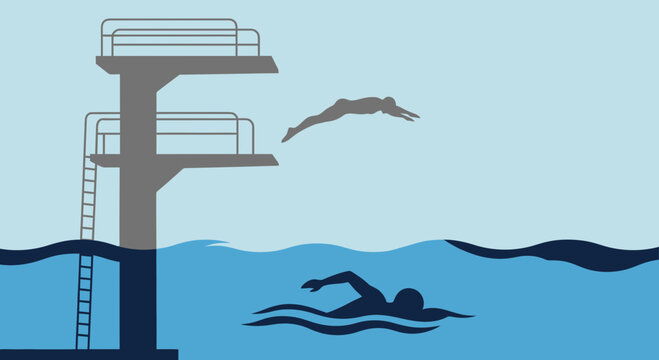 Dive Into Action A Diver Leaps And Swimmer Glides In Pool