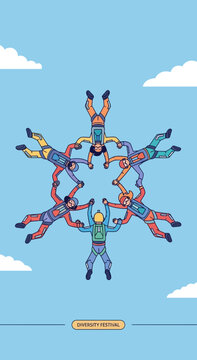 Diverse Team Forms Snowflake Formation During Skydiving Adventure