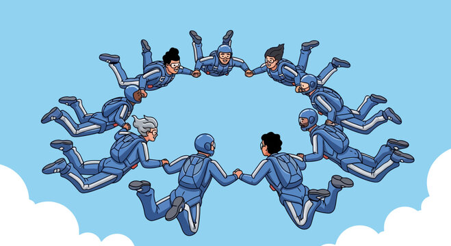 Diverse Skydivers Form A Human Circle Mid Air