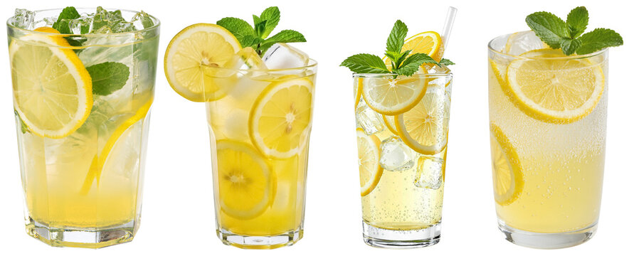 A refreshing collection of lemonade glasses with ice, lemon slices, and mint leaves, isolated on transparent.