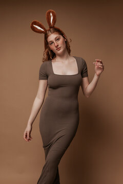 Easter Bunny Girl in Brown Dress