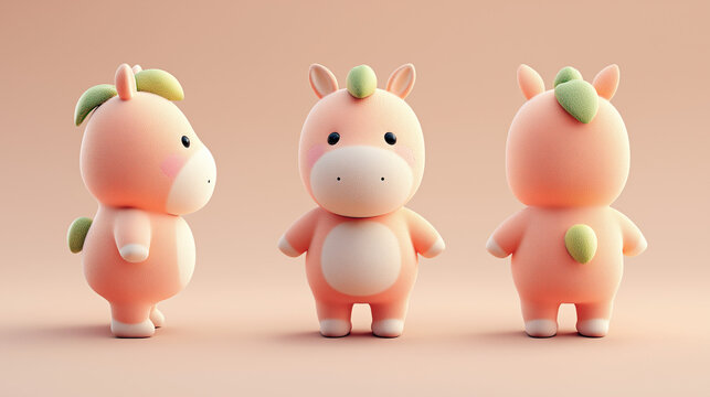 3D Render Cute Peach Mascot Character Reference Sheet with Soft Plush Texture and Front Side Back Views