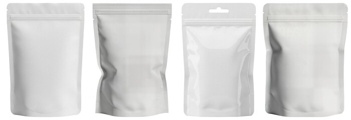 White blank stand-up pouch bags, mockups isolated on a transparent background for product branding design. © LifePNG