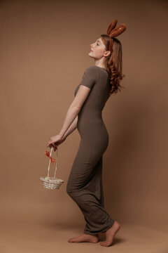 Dynamic Pose of Easter Bunny Girl with Basket