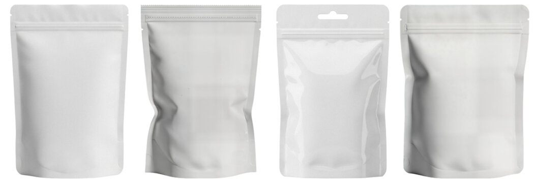 White blank stand-up pouch bags, mockups isolated on a transparent background for product branding design.